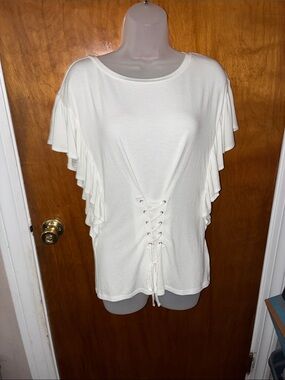Express White Lace-Up Ruffle Sleeve Short Sleeve Top